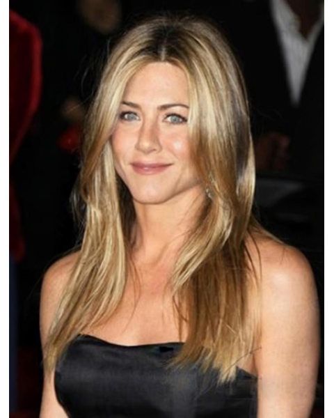 18'' Stylish Blonde Straight Without Bangs Monofilament Lace Front Long Human Hair Women Jennifer Aniston Wigs