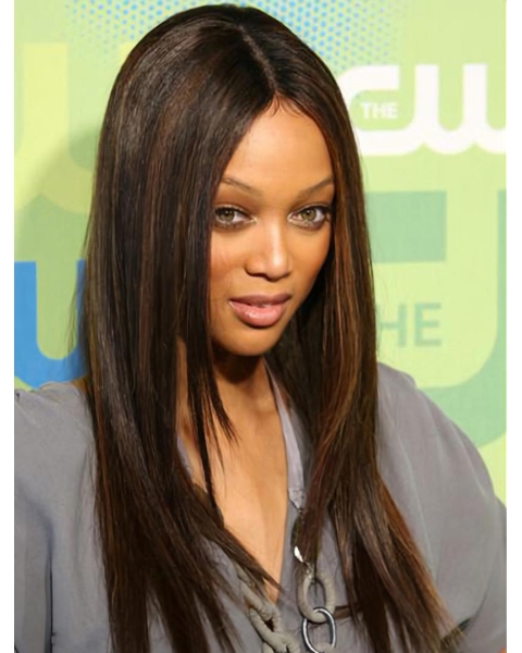 Natural  Brown Straight Without Bangs Lace Front Long Synthetic Women Tyra Banks Wigs