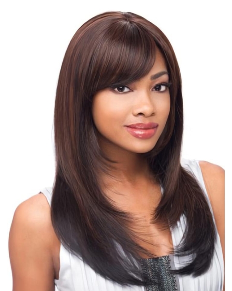 16'' Auburn Layered  Straight With Bangs Lace Front Gentle  Remy Human Hair Wigs For Cancer