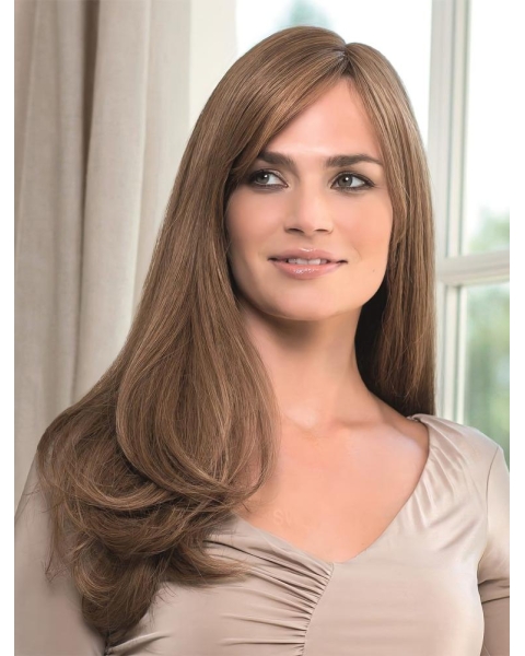 21'' Blonde Straight With Bangs Monofilament 100% Hand-Tied Remy Human Hair Women Cosy Long Wigs