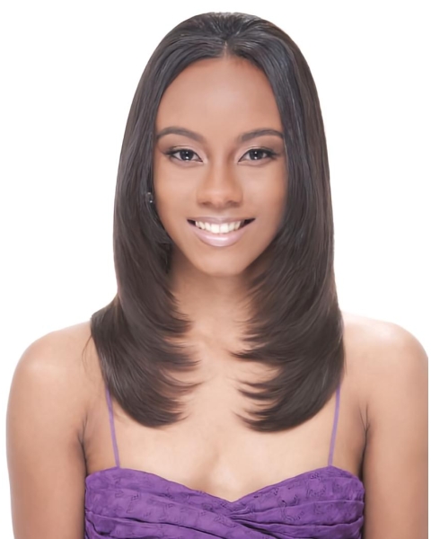 Popular Brown Straight Without Bangs Capless Long Indian Remy Human Hair African American Women Wigs