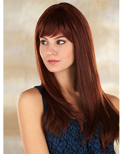 20''Great 100% Hand-Tied Monofilament Straight With Bangs Synthetic Long Women Wigs