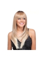 Impressive Blonde Straight With Bangs 100% Hand-Tied Mono Top Long Synthetic Women Celebrity Wigs