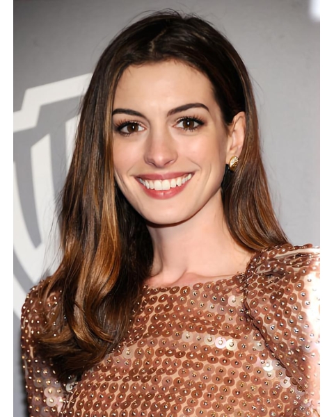 20''Incredible Brown Straight Without Bangs 100% Hand-Tied Mono Top Long Synthetic Women Anne Hathaway Wigs