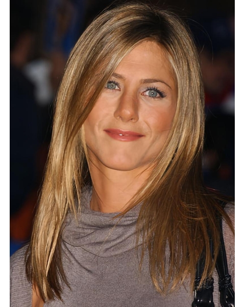 New Blonde Straight Without Bangs 100% Hand-Tied Monofilament Long Synthetic Women Jennifer Aniston Wigs