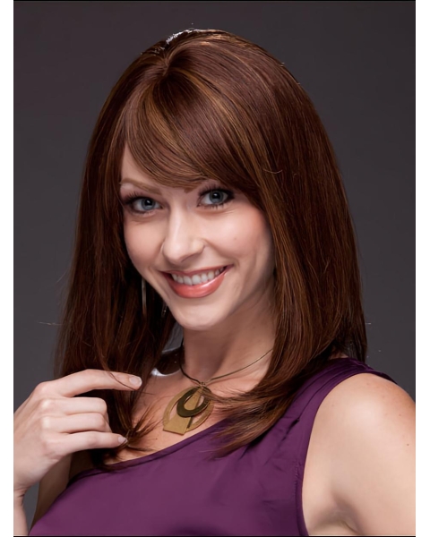 Modern Auburn Straight With Bangs Capless Remy Human Hair Long  Women Wigs