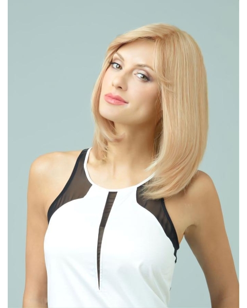 13'' Medium Length Straight With Bangs Blonde Monofilament Remy Human Hair Gentle Long Women Wigs