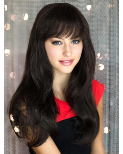 Gorgeous Black Straight With Bangs Capless Synthetic Long Women Wigs