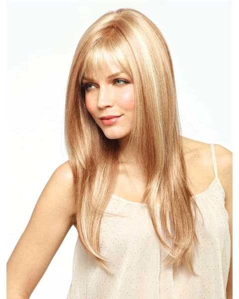 Designed Straight Blonde  With Bangs Monofilamen Lace Front Synthetic  Long Women Wigs