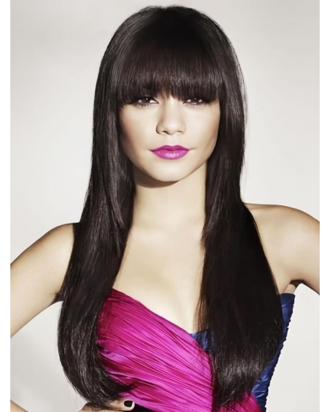 26'' Preferential Black Straight With Bangs Capless Long Human Hair Wigs For Cancer