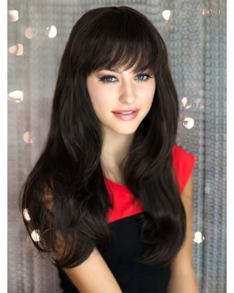 20'' Convenient Black Straight With Bangs Capless Remy Human Hair Long  Women Wigs