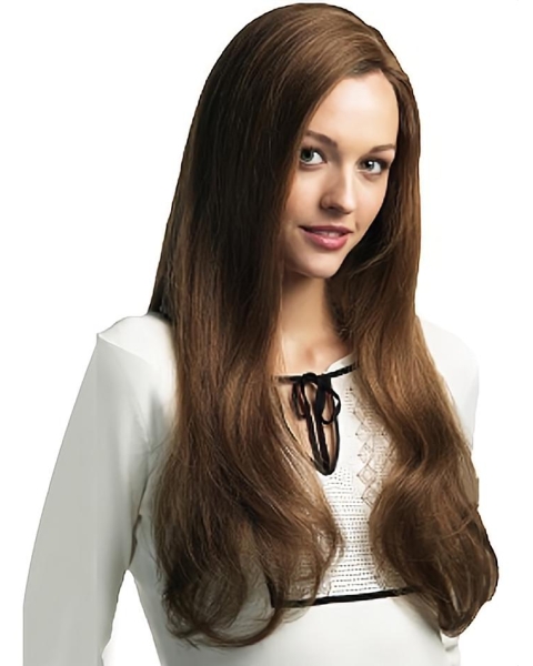 24'' Mature Brown Straight Without Bangs 100% Hand-Tied Monofilament Long Human Hair Women Wigs