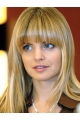 18''Blonde Straight With Bangs 100% Hand-Tied Monofilament Long Synthetic Nice Wigs For Cancer