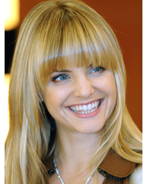 18''Blonde Straight With Bangs 100% Hand-Tied Monofilament Long Synthetic Nice Wigs For Cancer