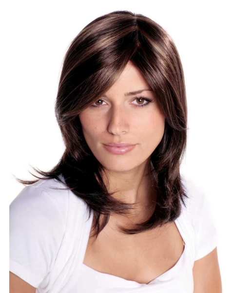 14'' Best Layered Brown Straight With Bangs Capless Long Synthetic Women Wigs