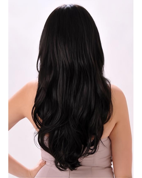 22'' Popular Black Wavy Without Bangs Monofilament Synthetic Wigs For Cancer