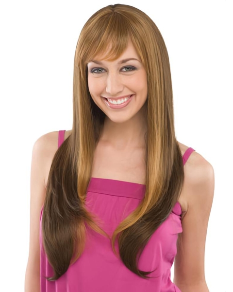 30'' Brown Straight With Bangs Capless Remy Human Hair Trendy Long Women Wigs