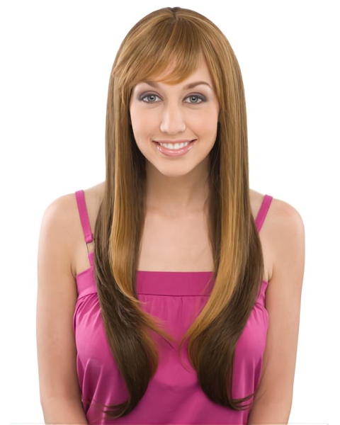 30'' Brown Straight With Bangs Capless Remy Human Hair Trendy Long Women Wigs