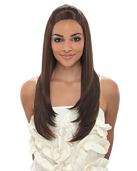 Perfect Brown Straight Without Bangs Capless Long  Synthetic African American Wigs