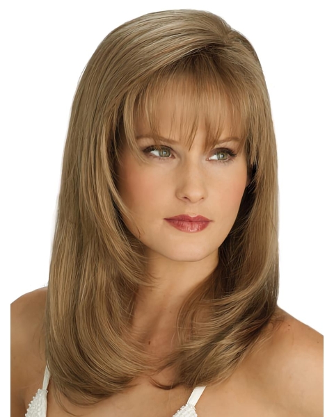 Straight Layered With Bangs Monofilament Lace Front Brown Synthetic  New Long Women Wigs