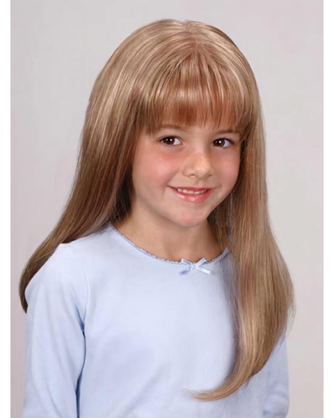 Great Blonde Straight With Bangs Monofilament Lace Front Long Synthetic Kids Wigs