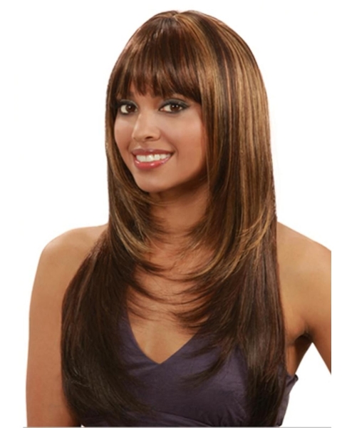 Polite Auburn Straight Layered With Bangs Capless Long Human Hair Wigs & Half Wigs