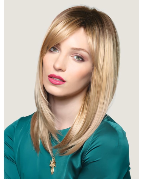 16'' Fashionable Blonde Straight With Bangs Long Lace Front Synthetic Women Wigs