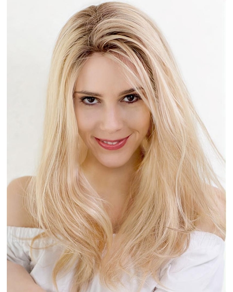 18" Long Blonde Wavy Without Bangs Layered 100% Hand-Tied Monofilament Ombre/2 tone  Human Hair Tied Wigs