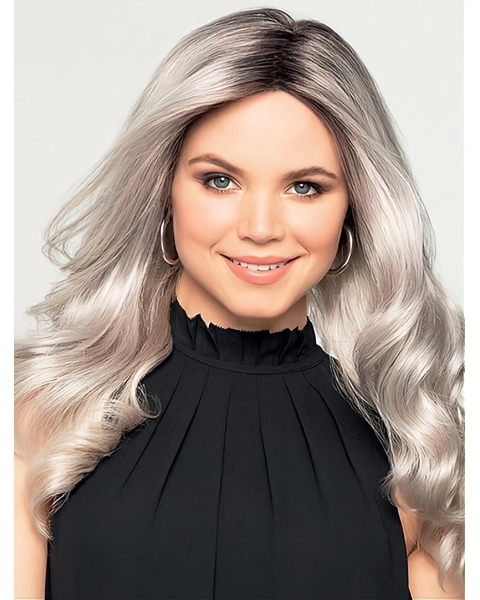 18'' Long  Wavy Without Bangs Ombre/2 tone Monofilament Grey Synthetic Ladies Wigs