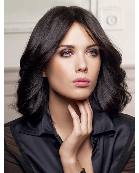 16'' Wavy Without Bangs Black Capless Long Remy Human Hair Women  Wig