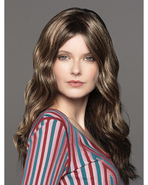  16" Wavy Without Bangs Brown Monofilament Lace Front  Long Synthetic Women Wig