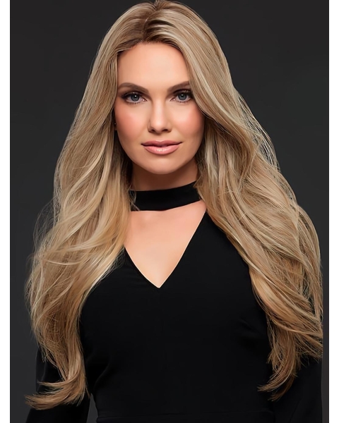 20'' Good Blonde Long Wavy Without Bangs 100% Hand-Tied Monofilament Human Hair Women Wigs