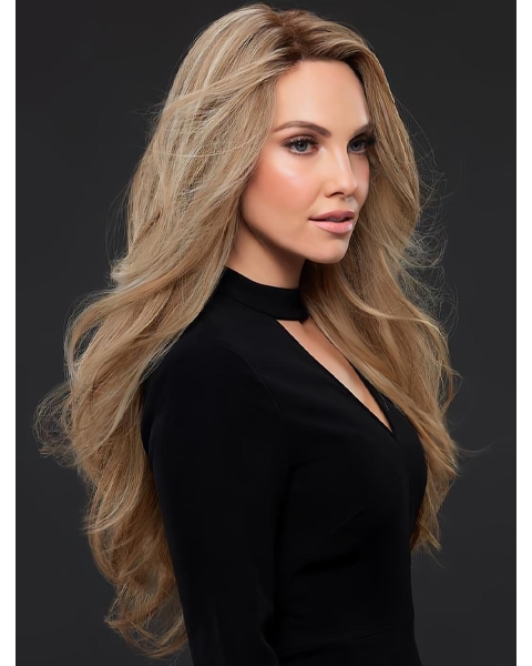 20'' Good Blonde Long Wavy Without Bangs 100% Hand-Tied Monofilament Human Hair Women Wigs