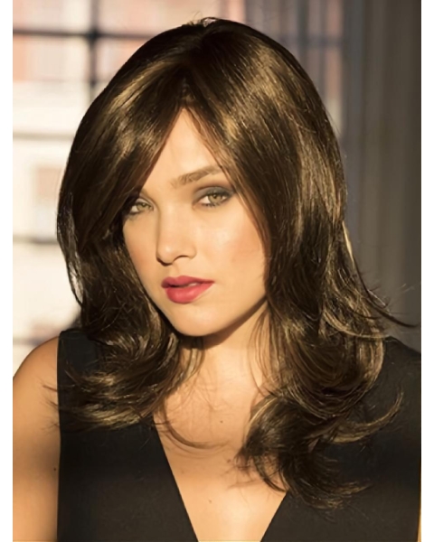 14''  Brown Wavy With Bangs Monofilament Lace Front Synthetic Women Wigs