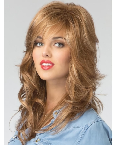 Copper 16"  Wavy With Bangs Capless Long  Synthetic Women Wigs