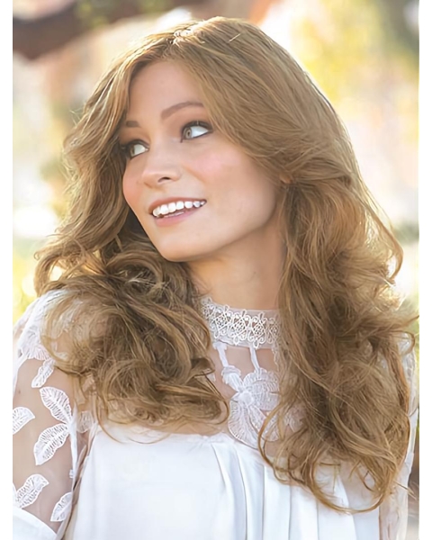 Blonde Long 16" Wavy Without Bangs Monofilament Lace Front Modern Human Hair Wigs