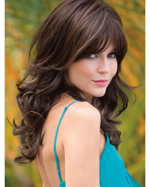 Brown 18" Wavy With Bangs Capless Long Synthetic Women Wigs