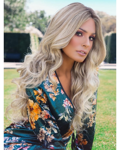 22" Long Wavy Wihtout Bangs Blonde 100% Hand-Tied Monofilament Beautiful Synthetic Women Wigs