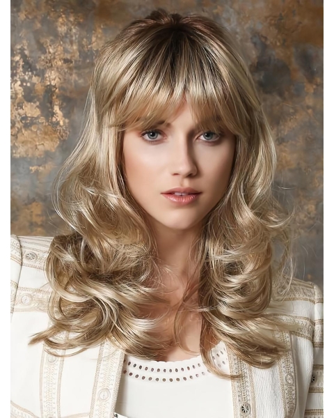 Blonde 16" Wavy With Bangs Monofilament Long Synthetic Classic Wigs