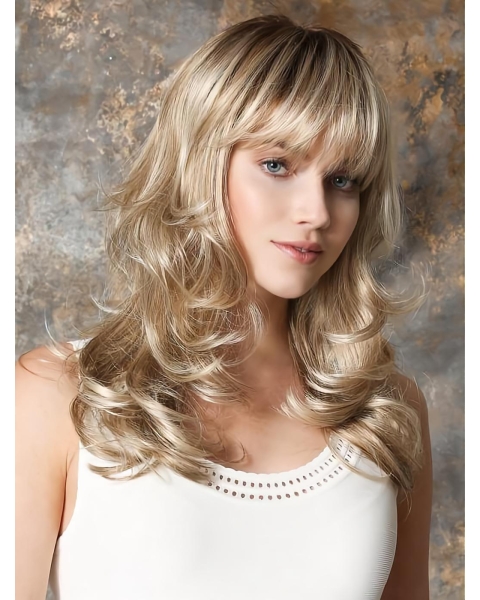 Blonde 16" Wavy With Bangs Monofilament Long Synthetic Classic Wigs