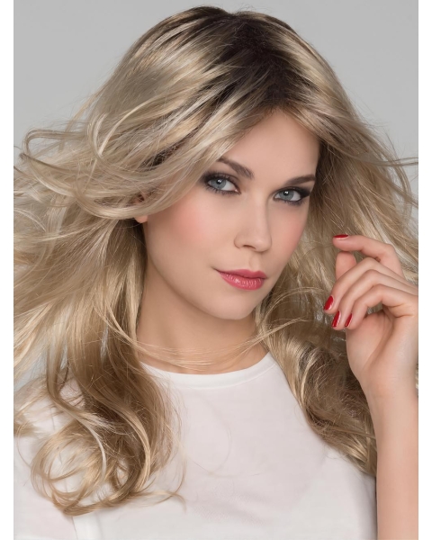 16'' Wavy Without Bangs Platinum Blonde Layered Mono Heat Friendly Synthetic Women Wig