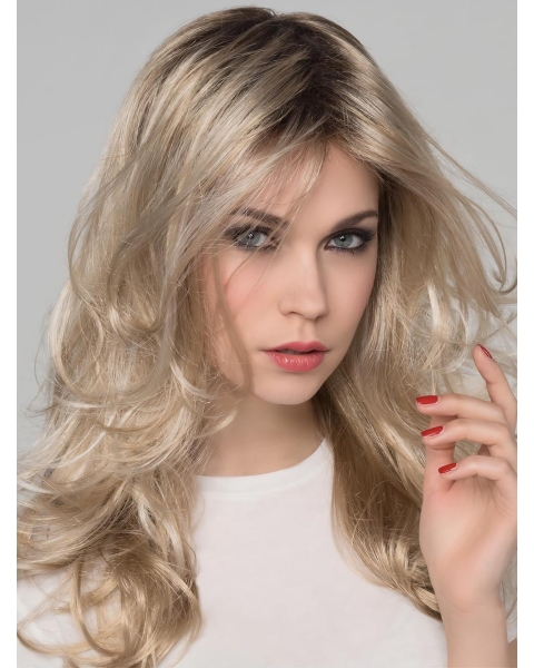 16'' Wavy Without Bangs Platinum Blonde Layered Mono Heat Friendly Synthetic Women Wig