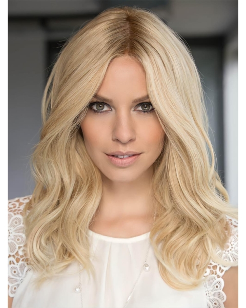 15'' Wavy Without Bamngs Platinum Blonde 100% Hand-Tied Monofilament Human Hair Women Wigs