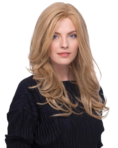 17‘’ Wavy Without Bangs Blonde 100% Hand-Tied Monofilament Long  Human Hair Wigs