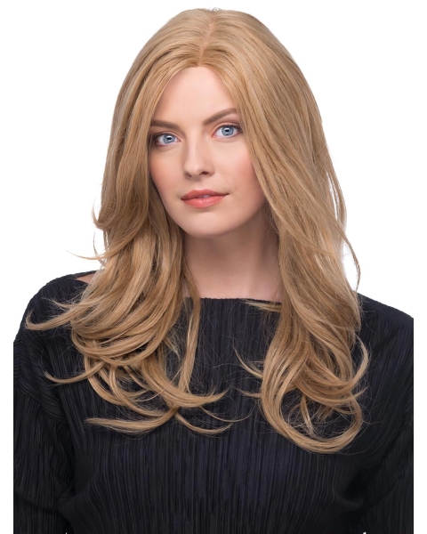 17‘’ Wavy Without Bangs Blonde 100% Hand-Tied Monofilament Long  Human Hair Wigs