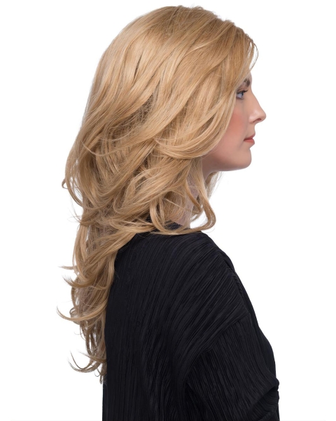 17‘’ Wavy Without Bangs Blonde 100% Hand-Tied Monofilament Long  Human Hair Wigs