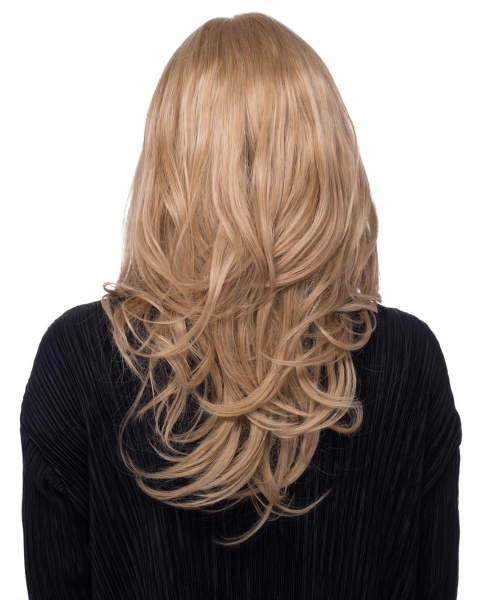 17‘’ Wavy Without Bangs Blonde 100% Hand-Tied Monofilament Long  Human Hair Wigs