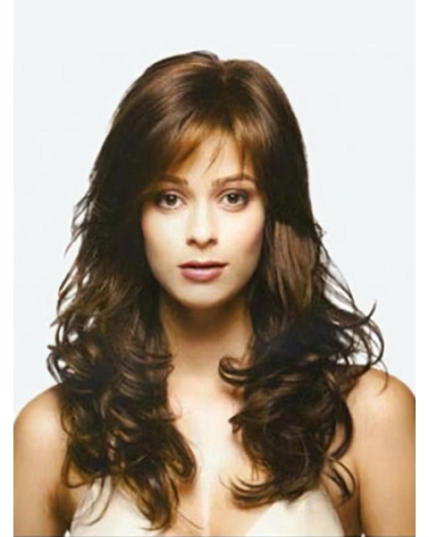 Preferential Wavy With Bangs Monofilament Lace Front  Remy Human Hair Long Wigs