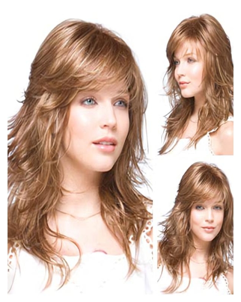 15''Hairstyles Auburn Wavy With Bangs Capless Long Human Hair Wigs