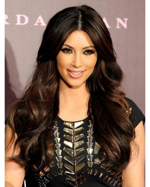 22'' Discount Black Wavy Without Bangs 100% Hand-Tied Monofilament Long Remy Human Hair Women  Wigs